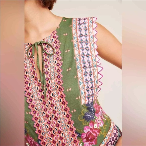 Anthropologie olive green and pink floral boho v neck tank top blouse - Picture 3 of 6
